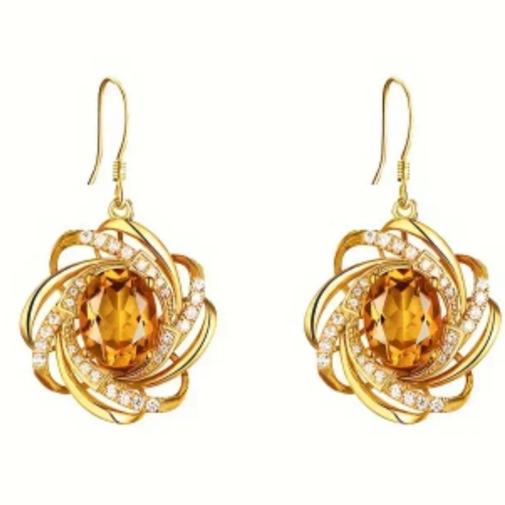 Ladies Golden Stimulated Diamond spiral flower pendant dangle earrings
